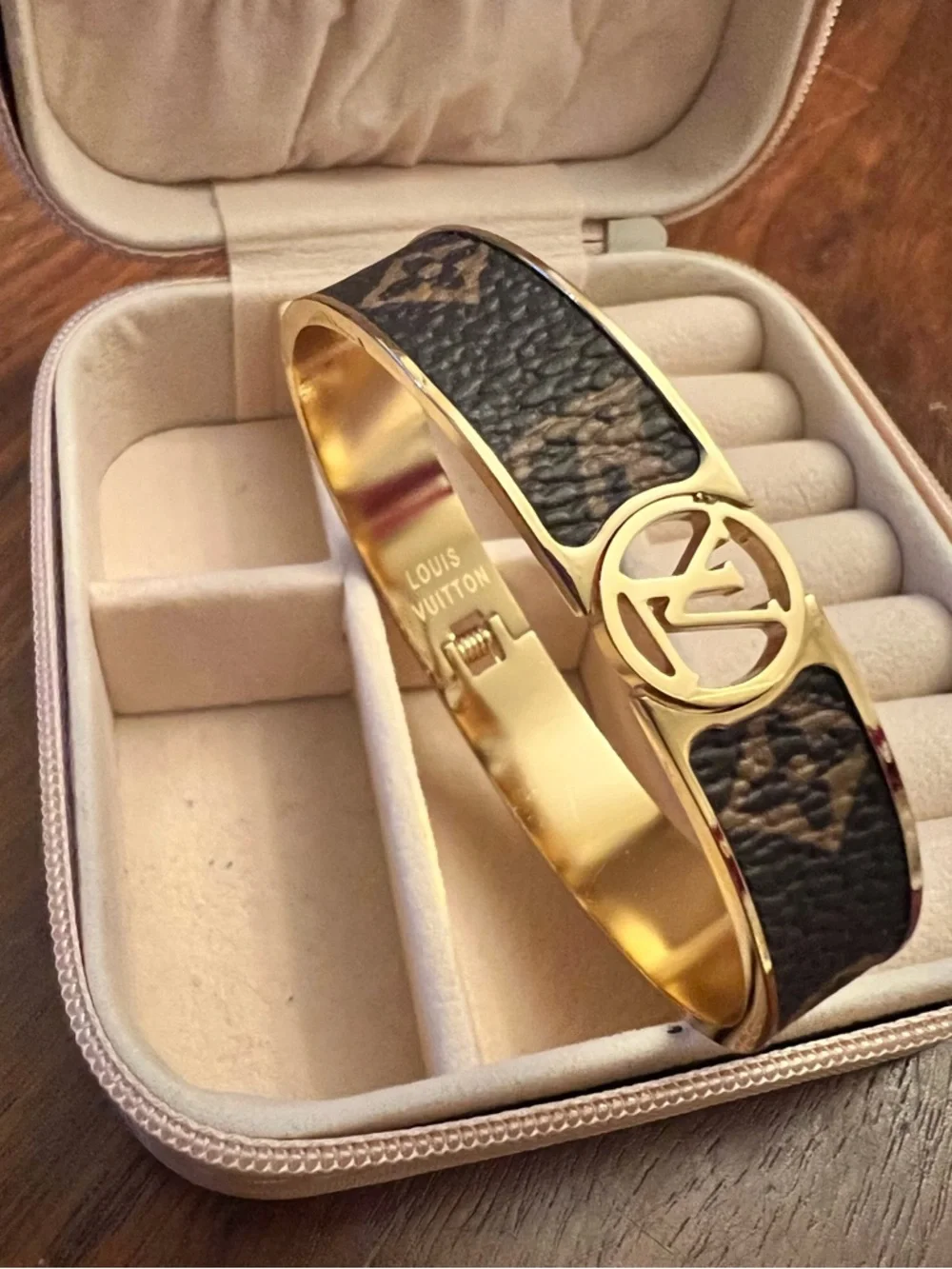 Louis Vuitton Brown Monogram Leather Bracelet with Gold LV Medallion - Picture 2 of 2